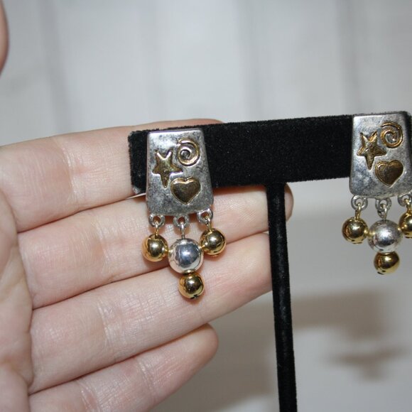 Retro Silver and gold LCi clip on dangle earrings 1.5" - Picture 4 of 6